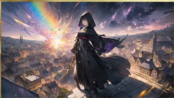 from below, anime「 Wanna Be a Shadow 」Characters in, o Kageno ,  Wears a black hooded cape with a gold border ,  All Black Outfit , dark expressionless,  Raising a Dull Glowing Sword in the Sky ,  Floating Above a European-Style Town , background,  Ominous...