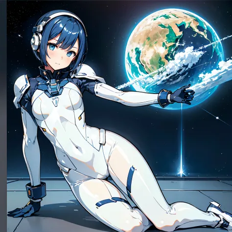 ( Masterpiece、 top quality、 highest resolution、 Clear Images 、 Detailed Details )：(whole body、 20 year old girl、The Face of Japan、Small face、 slim、 dark blue super short bob cut hair 、(Hidden small breasts:1.3)、 Sparkling Blue Eyes 、white and navy blue shi...