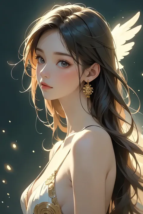 (  A Young Lady Angel )、 portrait ，(whole body)、   detailed face,   detailed skin,   beautiful hair、 Klimt Style 、Ink Art, Fibonacci,  (  TOP QUALITY、   high resolution、  Masterpiece)、8k、 wallpaper、
