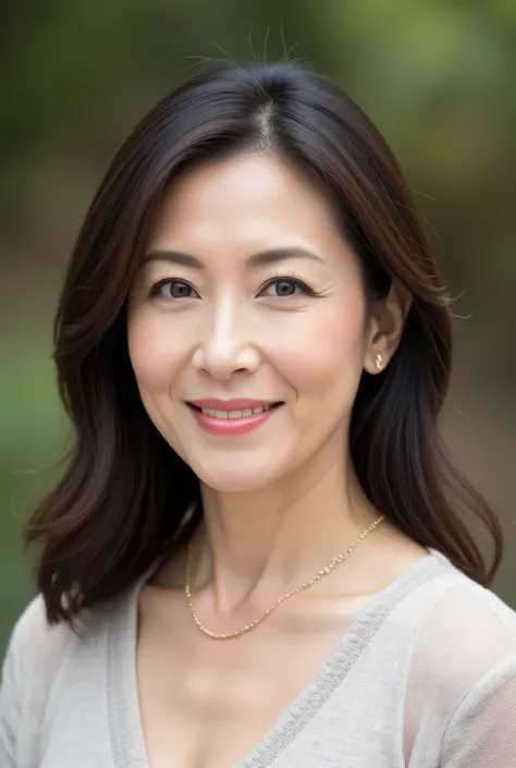  beautiful middle-aged woman  (48 years old: 1.4),  wavy dark hair  , fine laugh lines: 1.2, and a bewitching smile .   。 sharp facial details  ,  Amazing Beauty  (Ultimate beauty),  It features 、 (lipstick: 1.1), ( eyeliner: 1.2),  mascara,  and eyeshadow...