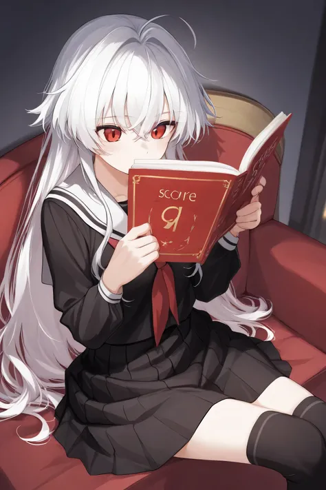 A age girl with white hair, ruby red eyes, in a black school dress with a black skirt, is sitting reading under the moonlight