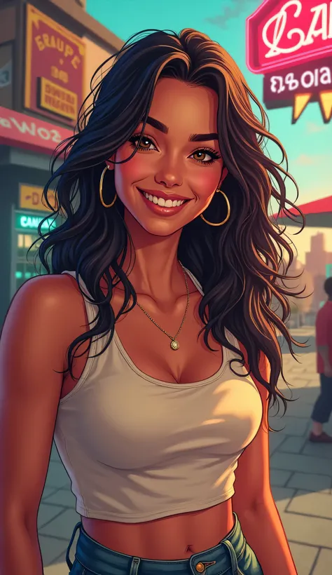 DISCREET image. with discreet casual clothes. image adult woman, american, comic book style. with a discreet smile. IMAGES WITH VIBRANT COLORS. focus on face
