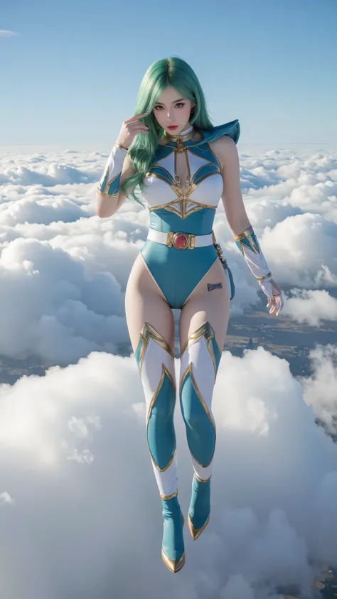 4K,  actual ,  is attractive,  Very detailed, There's a girl in the sky ,  wearing the Power Rangers, She&#39;s a Power Ranger,  superhero theme ,  green hair , 25 years old, whole body