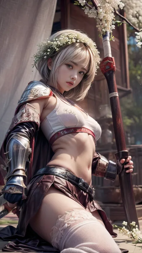 young woman,Oiran,warrior,((wielding a huge_weapon:1.8)) very detailedな, realistic,((seductive smile)),((reclining:1.6)), Brilliant Appearance , Creative Action, extremely detailed, Imaginative, sensual, spontaneous , top quality, skin texture, ((very...