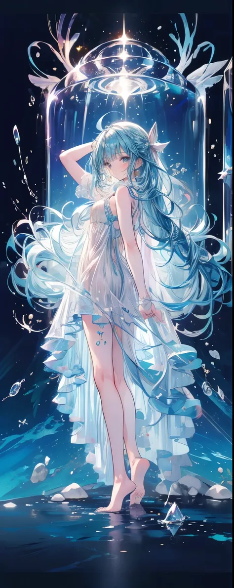 ((Blue hair long twin hair 1 girl:1.4))，(( blue eyes))、Full body solo shooting、(( in the ocean:1.4))、seabed、deep sea、Floating in the sea、( splashes :1.3)、Lots of small fish、(( long dress、 barefoot))、Floating、A lot of bubbles、bubble、jellyfish、Jellyfish、Cora...