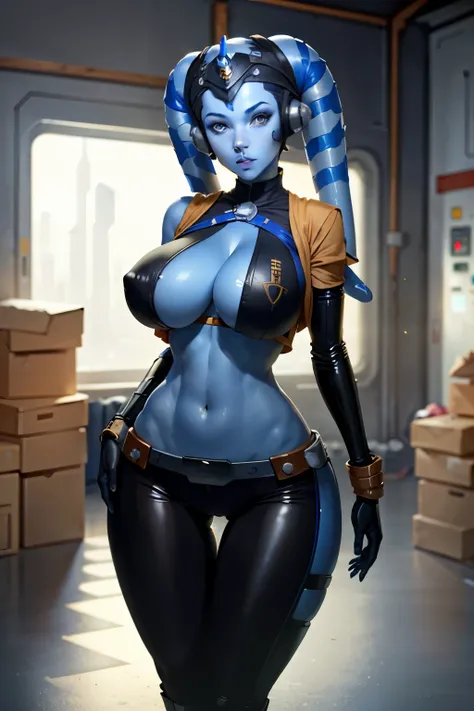 (masterpiece:1.2, best quality:1.2, beautiful, high quality, high resolution:1.1, aesthetic), detailed, extremely detailed, soft ambient lighting, 4K, perfect eyes, perfect face, perfect lighting, 1 girl, (((blue skin, twi'lek))), (wearing black sleeveless...