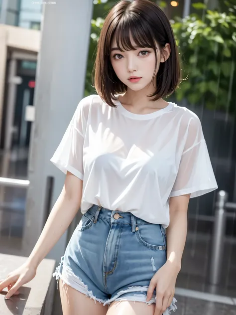  top quality,Photo quality, ultra high resolution,  Professional Lighting,,  pretty face like a cute actress,With bangs, Sexy Shorts :1.2、 amazingly cute、 The white t-shirt is wet in the rain and transparent、