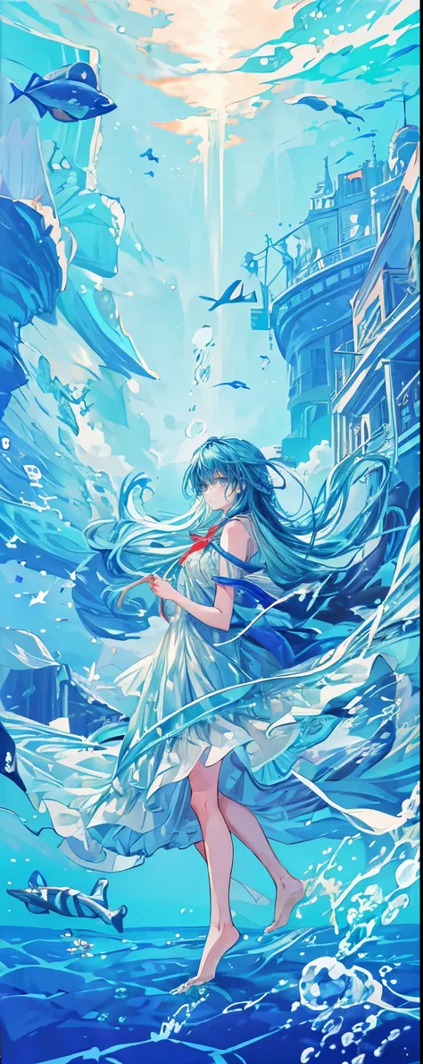 ((1 girl with long blue hair:1.4))，(( blue eyes))、Full body solo shooting、(( in the ocean:1.4))、seabed、deep sea、Floating in the sea、( splashes :1.3)、Lots of small fish、(( long dress、 barefoot))、Floating、A lot of bubbles、bubble、jellyfish、Jellyfish、Coral Ree...