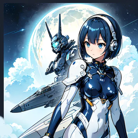 ( Masterpiece、 top quality、 highest resolution、 Clear Images 、 Detailed Details )：(whole body、 20 year old girl、The Face of Japan、Small face、 slim、 dark blue super short bob cut hair 、(Hidden small breasts:1.3)、 Sparkling Blue Eyes 、white and navy blue shi...