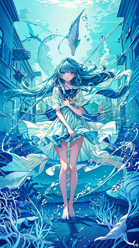 ((1 girl with long blue hair:1.4))，(( blue eyes))、Full body solo shooting、(( in the ocean:1.4))、seabed、deep sea、Floating in the sea、( splashes :1.3)、Lots of small fish、(( long dress、 barefoot))、Floating、A lot of bubbles、bubble、jellyfish、Jellyfish、Coral Ree...