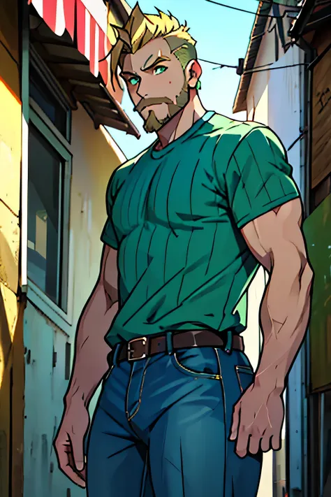 Guy, with dirty blonde hair,  undercut hairstyle,  green eyes, dirty blonde beard, dad body shape, wearing a  blue plad shirt and jeans