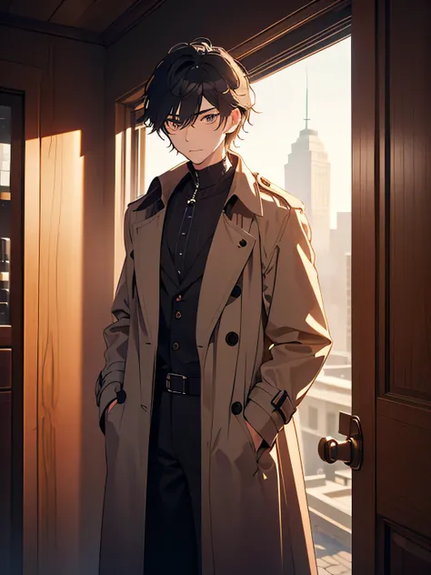 A lean man with sharp features and piercing gray eyes that seem to analyze everything they see. His dark, slightly unkempt hair adds to his mysterious aura. Always dressed in a well-worn trench coat, he carries himself with a quiet confidence. Full height ...