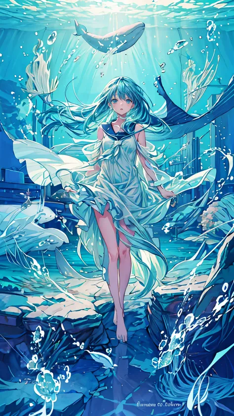 ((1 girl with long blue hair:1.4))，(( blue eyes))、Full body solo shooting、(( in the ocean:1.4))、seabed、deep sea、Floating in the sea、( splashes :1.3)、Lots of small fish、(( long dress、 barefoot))、Floating、A lot of bubbles、bubble、(Whales:1.3)、jellyfish、Jellyf...