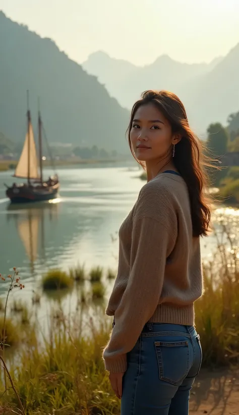 Portrait a beautiful woman facing camera,wearing sweater and blue jeans, in A small village with high hill in front of the village a huge river with sailing boat & steamer. In the morning sun shine. Birds are flying farmers are going to the paddy field dog...