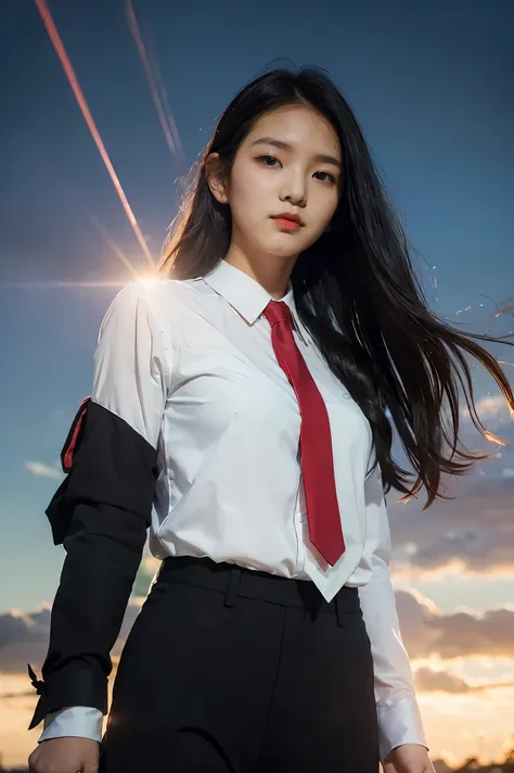 ((Masterpiece, best quality, very detailed), Volumetric light, surrounding occlusion, Rich and colorful, glow), 1 woman, , young girl, (Smooth black), long hair, radius, sacred, goddess, CEO Luke, (black suit, White shirt and red tie:1.3), armor, outdoor, ...