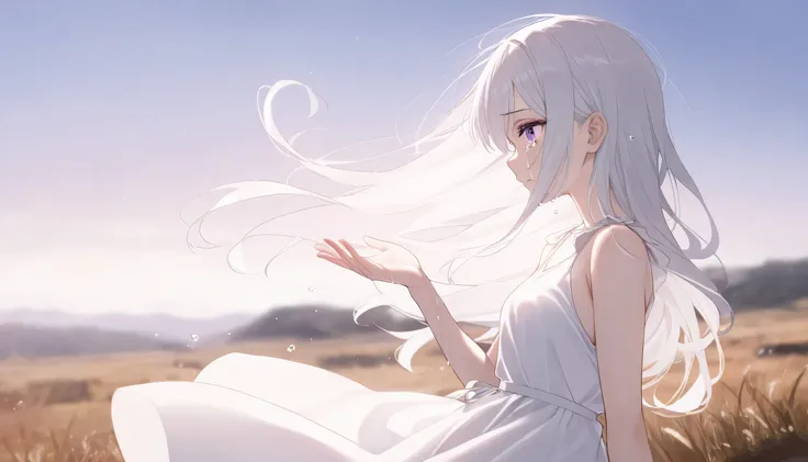 (masterpiece, best quality:1.2), absurdres, 1girl, solo, long white hair, purple eyes, no glasses, crying, one hand out, side profile, white dress, purple accents, sky and terrain background, cinematic, depth of field, cinematic composition, white katana, ...