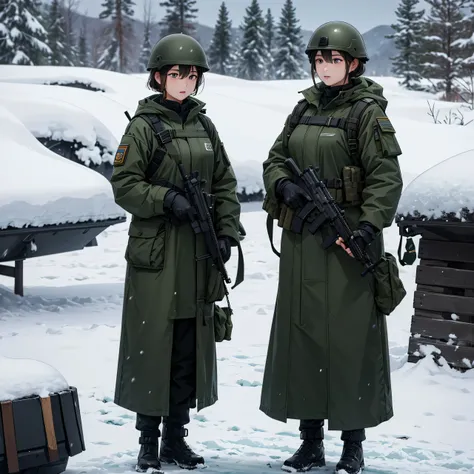 Two female soldiers in dark green thick coats、Wear a helmet 、Magazine Pouch、Tactical shoulder strap、Guns in their hands 、Standing guard ， snowy military base ， masterpiece、  are of the best quality 、High precision CG  、8K PICTURES 