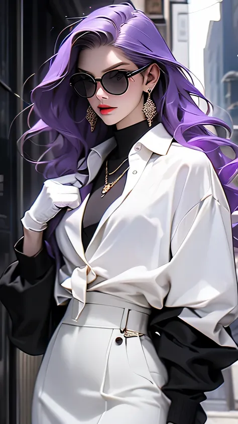 highest quality,masterpiece,High resolution,only,{Black business suit:1.40},{tie:1.20},{sunglasses:1.25},{White gloves:1.15},{ White shirt:1.10}, {Black Skirt:1.15}, good looking, {Medusa_FGO:1.15}, length_hair, purple_hair, very_length_hair, purple_eye, c...