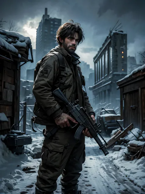 A scruffy mutant with abnormally huge eyes, in bleak and snowy ruins at night, holding a machine gun, dramatic lighting