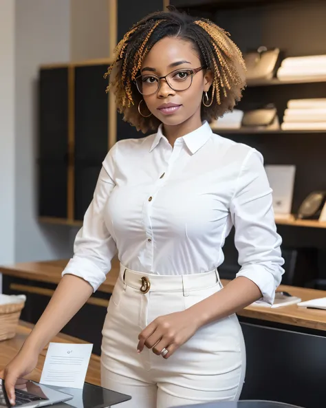 Femme habillée soigneusement, lunettes, directeur d’entreprise, afro-caraïbéenne, position debout, vu des pieds à la tête 