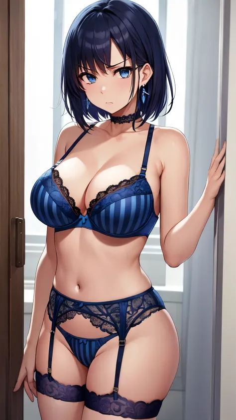  TOP QUALITY、  TOP QUALITY、  Masterpiece、  beauty(Age 25)、Navy blue short hair、  blue eyes、(stripe lace bra  、 striped lace garter belt)、 Big Breasts 、( very big breasts:1.2 )、  angry face、  Navy Blue Choker 、  Sexy Pose 、  earrings、