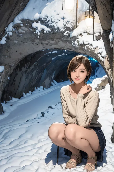 Snow Country Snow Cave ,  girl,  Very Short Bob Hair,  sweater and skirt, wonderful,  Masterpiece, At night, A cute little smile,  squats,  looking straight ahead 