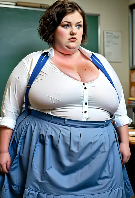 masterpiece, best quality, ,belly focus, realistic belly fat, short hair, blue eyes, white shirt,,( belly hanging out under skirt) gigantic breasts, button gap, nervous, looking at chest, looking down at own chest, nervous, blush, classroom , ssbbw,  ((ver...