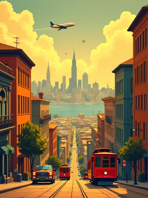 Vintage travel poster featuring a picturesque cityscape of San Francisco with steep streets, classic red cable cars moving up and down the hills, and vibrant buildings in warm golden light. The scene is set in an early 20th-century retro-futuristic style, ...