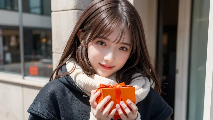 Valentine's day, in urban office, dressed in warmly winter cloth, holding a gift box in the palm of her hand and discreetly to someone, blushing, being embarrassed, laughing, long length pale orange and bright brown hair, hair fluttering in the wind, beaut...