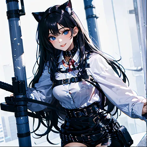 Woman with long hair, black hair, white skin, blue eyes, cat ears, smiling, policeman holding a handgun
