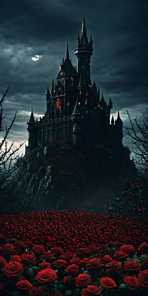 A castle with sharp roses surrounding it, dark fantasy, dark souls, thorns, roses thorns, blood, horror, sacry, very dark. Red castle, Blood sky, landscape. Masterpiece, UHD