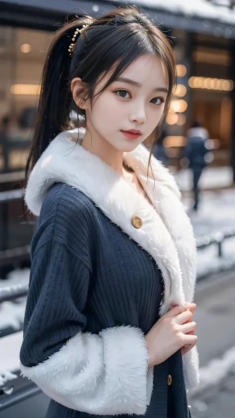 European Streets,Snowy cityscape,outdoors,Hair style: ponytail,wearing a deep navy blue winter coat with a fur-lined hood and cuffs. The coat is elegantly tailored, double-breasted with gold buttons, and has a slightly flared silhouette, giving it a stylis...