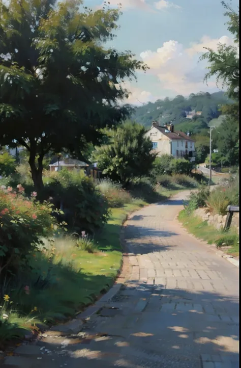 a painting of a pathway with flowers and trees on the side of it, scenery artwork, beautiful anime scene, beautiful anime scenery, anime scenery, anime beautiful peace scene, beautiful and aesthetic, scenery art detailed, blossoming path to heaven, summer ...