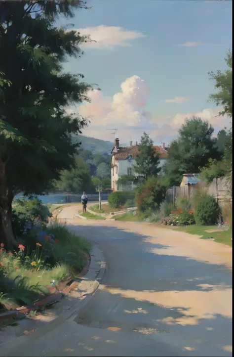 a painting of a pathway with flowers and trees on the side of it, scenery artwork, beautiful anime scene, beautiful anime scenery, anime scenery, anime beautiful peace scene, beautiful and aesthetic, scenery art detailed, blossoming path to heaven, summer ...