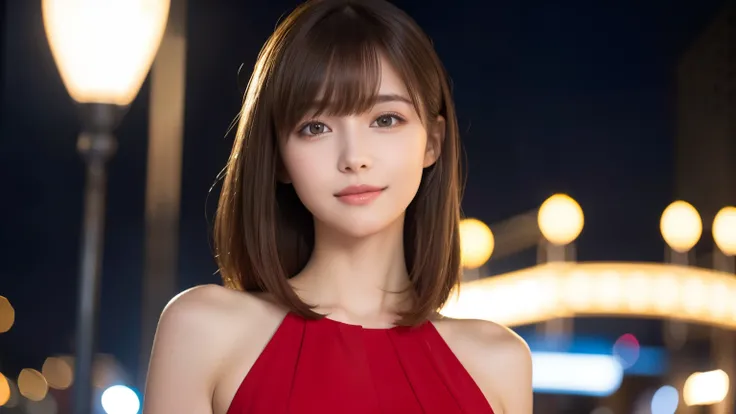 one 19 year old girl, (red dress), Raw photo, highest quality, photorealistic, very delicate and beautiful, very detailed, 8K wallpaper, High resolution, soft light, very detailed目と顔, beautifully detailed nose, detailed and beautiful eyes, cinematic lighti...