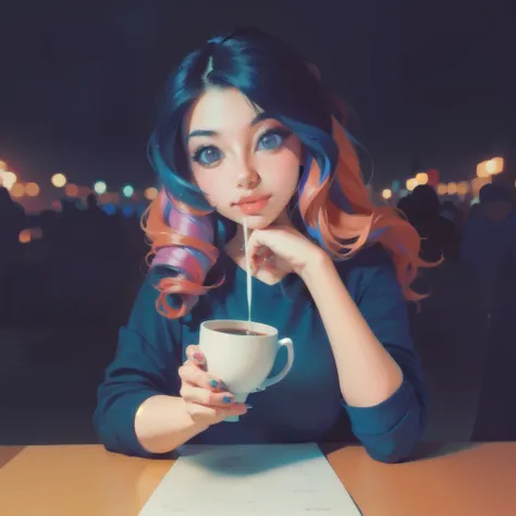 a woman sitting at a table with a cup of coffee, lofi girl, anime vibes, brandon woelfel, lofi artstyle, colorfull illustration, by Cyril Rolando, ✏️🎨, lofi girl aesthetic, is ((drinking a cup of tea)), stunning art style, glowing aesthetic, psychedelic ae...