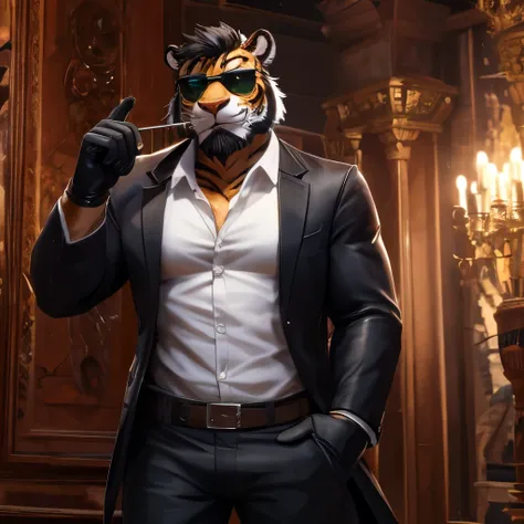 (( highest quality)), (( masterpiece)), (  super detailed ), ((4K)).

Anthropomorphic Tiger ,   brown fur , Black short hair , black beard ,  Handsome的 ,  Handsome ,  green eyes  ,(Eye details), Gang-style  ,  huge chest size  ,  holding sunglasses  ,  Coo...