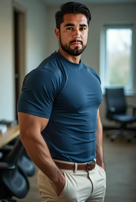  realistic photograph,  maintain the visual coherence of the character "Mario el lindo", 37-year-old muscular Atletic Man ,  black hair styled backwards. view from below,  in profile, blue shirt and ligth beige tight trousers, brown belt, viendo a cámara, ...