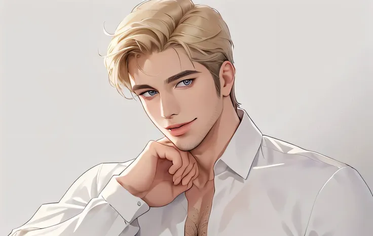 ((distance shot)), (masterpiece,best quality,ultra_detailed,highres,absurdres) 1 male, 30-ish, (wide shoulder), ((no chest hair)), solo, short sand blond hair (grey eyes), ((no beard)), simple background, parted lips, open white shirt, long sleeves, smile