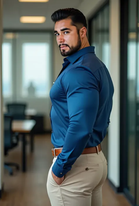  realistic photograph,  maintain the visual coherence of the character "Mario el lindo", 37-year-old muscular Atletic Man ,  black hair styled backwards. view from below,  in profile, blue shirt and ligth beige tight trousers, brown belt, viendo a cámara, ...