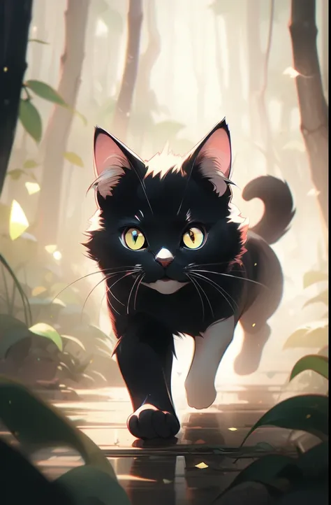 a black cat walking through a forest with a bright light, jen bartel, beeple and james jean, beautiful neon cats, the dark god of cats, beeple and tim hildebrandt, with glowing yellow eyes, prowling through the forest, cat from the void, beeple and jeremia...