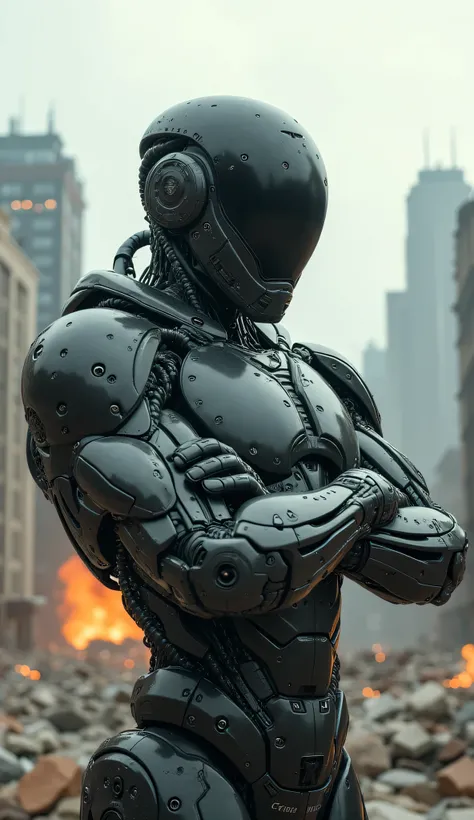 A highly detailed Cyborg, arms crossed in front of a destroyed city, boasting futuristic details on its bionic body. (Um ciborgue extremamente detalhado com arms crossed in front of a destroyed city, with futuristic details on its bionic body.)