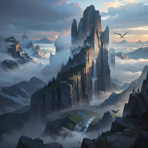 A breathtaking view of misty mountains partially hidden by rain clouds, with waterfalls cascading down rocky cliffs and birds flying through the fog.