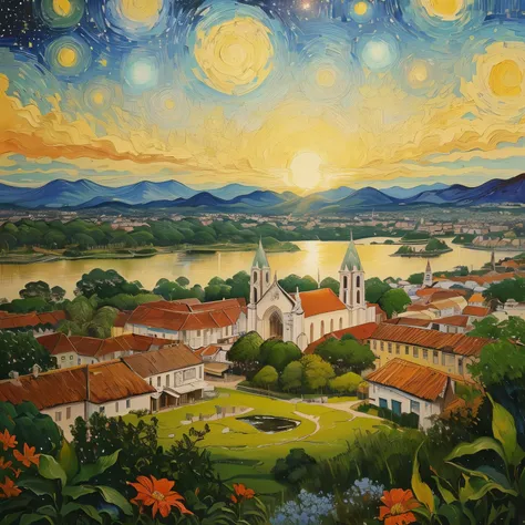 Manaus,  painting a painting of a city with a church and a river,  Baroque Painting .  starry sky ,  breathtaking art ,  inspired by Amadeo de Souza Cardoso , by Amadeo de Souza Cardoso, ,  inspired by Francis Souza , by Raul Martinez,  ethereal city illum...