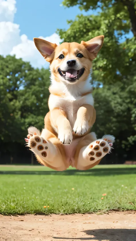 A realistic photo of a very happy puppy having fun, jumping in the park in the background you can see the grass. very vivid colors