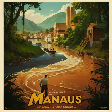  stuffy image of a man standing on a river with a boat, official print, Martin then,  by Luís Miranda , official poster art , by Niklaus Manuel ,  by Manuel Franquelo , by José Malhoa, by Raul Martinez,  inspired by Martin Deschambault , by Joe Mangrum, po...