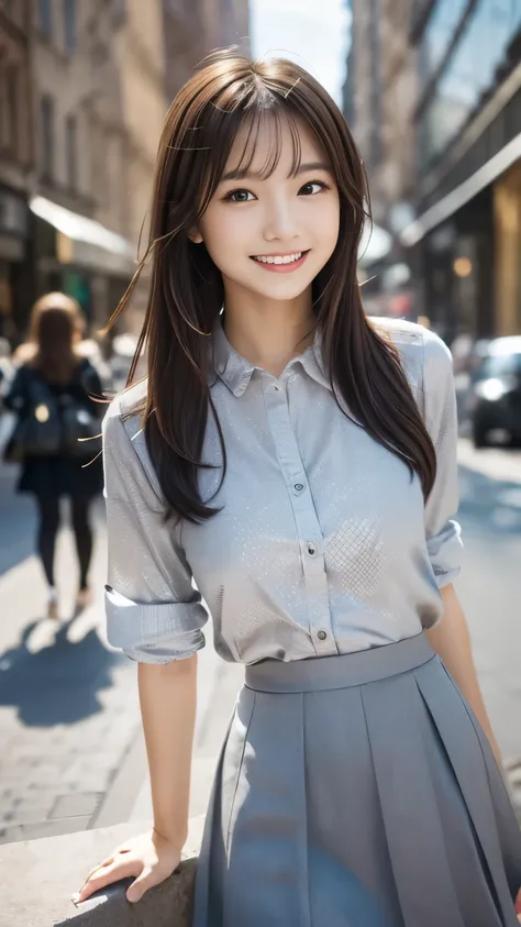  Masterpiece,  top quality:1.1), (8k,  RAW Photo ,  Photoreal:1.2, F22), (  shiny skin),  detailed skin, long hair, detailed face,  Fine grain , smilee,break,  The Real World,  intricate details, smile, break,  1 girl, ( dot pattern, skirt, grey,), break, ...