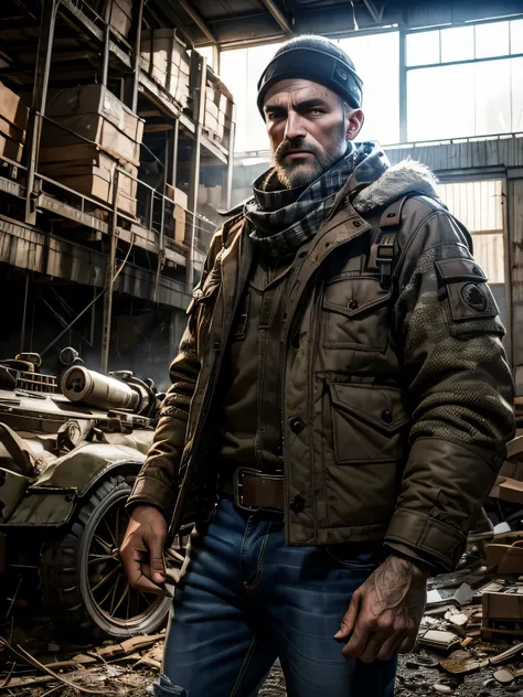 A German man, scruffy multicam winter clothing, keffiyeh, beside enormous cage in abandoned warehouse, holding an old machine gun, filthy jeans, dramatic lighting