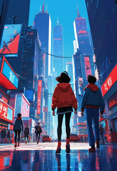  ANIME CITY SCENE WITH PEOPLE WALKING IN THE BLUE SKY, into the  Spider-Verse ,  Spider-Verse へ, From Akira ( 1 9 8 8 )  style,  Spider-Verse , AKIRA ESTEICA , spider - verse art  style, Akira Vibe, in  style of atey ghailan, Akira Color Palette, Neo Tokyo...