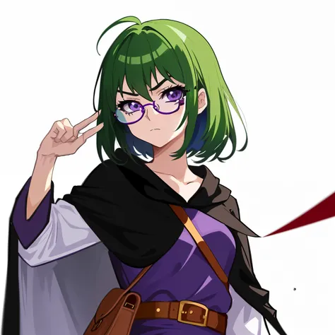 1girl, anime, messy_short_tied_hair, midnight_green_hair, purple_cloak, glasses, satchel, serious, flirty, violet_eyes, pose, white_background, looking_at_viewer